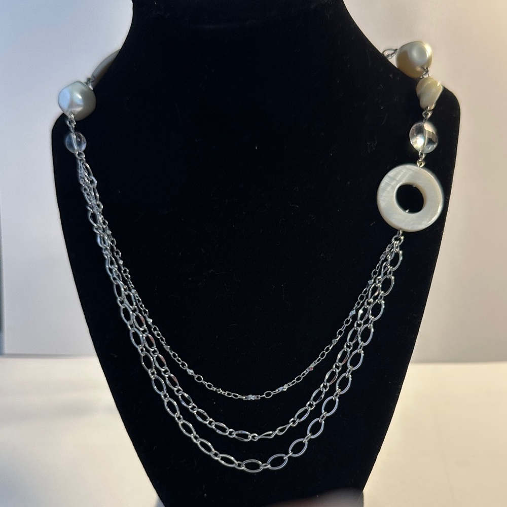 Lia Sophia Silver Multi Strand Necklace with White Pearl Beads and Ring Accent